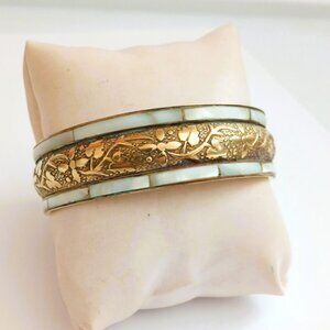 Floral Brass MOP Inlay Bangle 8" Wide Boho Shell Etched Bracelet Jewelry
